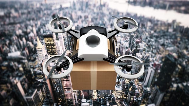 Unmanned drone carrying cargo box above the big city view. 3D illustration.