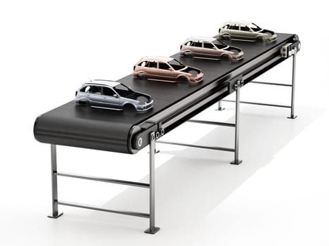 Conveyor belt carrying different colored car bodies. 3D illustration.