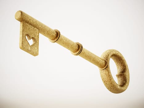 Golden ornate key with heart symbol isolated on white background. 3D illustration.