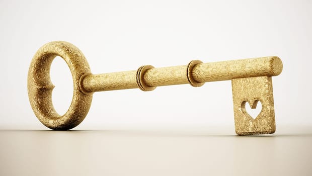 Golden ornate key with heart symbol isolated on white background. 3D illustration.
