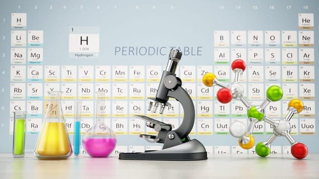 Chemistery laboratory with microscope, molecule model and glass lab eqipment on the table. Periodic table on the background. 3D illustration.