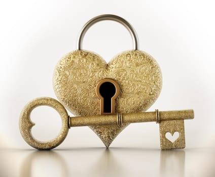 Golden ornate key with heart symbol and heart shaped padlock isolated on white background. 3D illustration.
