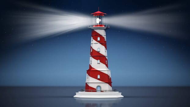 Generic lighthouse emitting light on dark night background. 3D illustration.