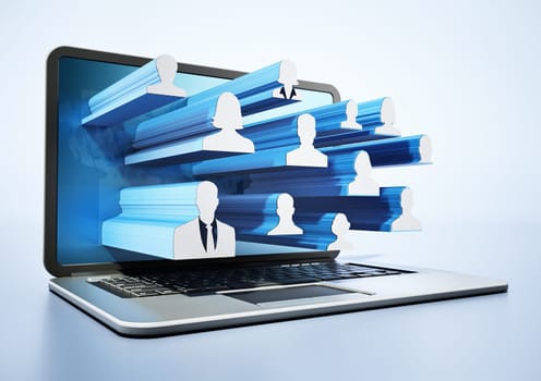 People silhouettes inside connected box shapes in laptop screen with world map. 3D illustration.