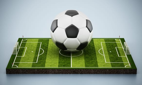 Soccer ball standing in the middle of the pitch. 3D illustration.