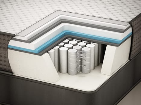 Cross section showing a mattress and the springs inside. 3D illustration.