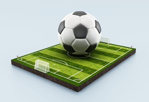 Soccer ball standing in the middle of the pitch. 3D illustration.