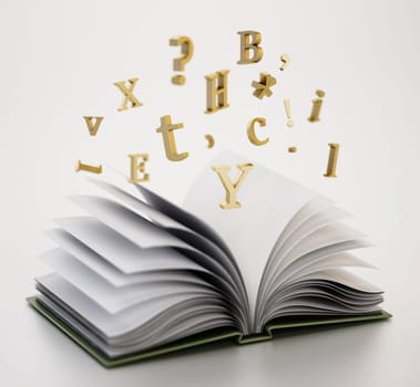 Open book with flying letters in the air. 3D illustration.