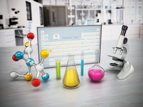 Chemistery laboratory with microscope, molecule model and glass lab eqipment on the table. Periodic table on the background. 3D illustration.