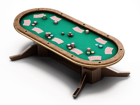 Poker table with playing cards, casino chips and dices. 3D illustration.