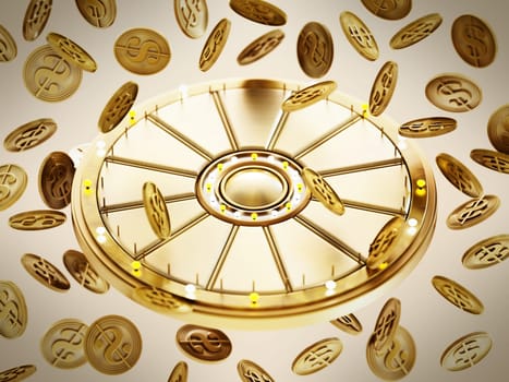 Prize wheel and gold coins with dollar icon on blue background. 3D illustration.