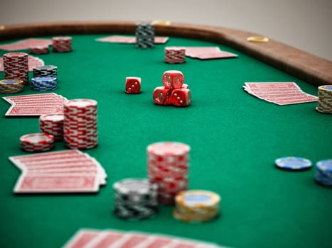Poker table with playing cards, casino chips and dices. 3D illustration.