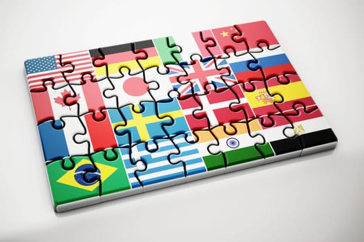 Country flags on jigsaw puzzle pieces. 3D illustration.