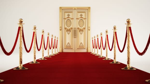 Red carpet and velvet ropes leading to the golden door. 3D illustration.