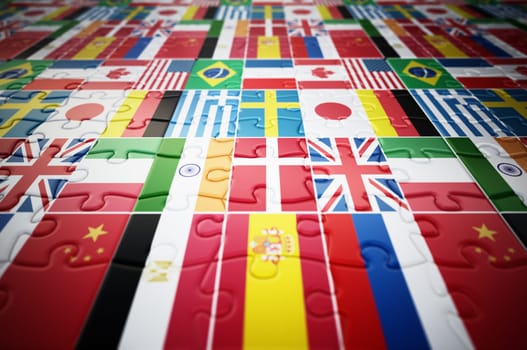 Country flags on jigsaw puzzle pieces. 3D illustration.