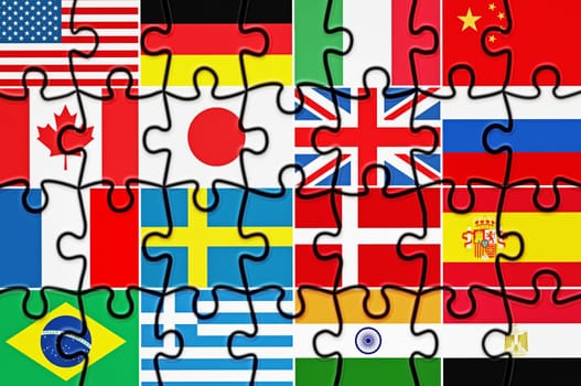 Country flags on jigsaw puzzle pieces. 3D illustration.