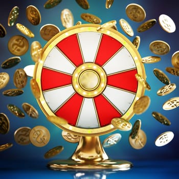 Prize wheel and gold coins with dollar icon on blue background. 3D illustration.