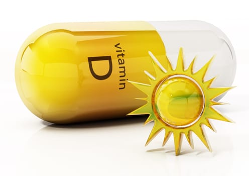 Vitamin D pill with a sun symbol on the right side. 3D illustration.
