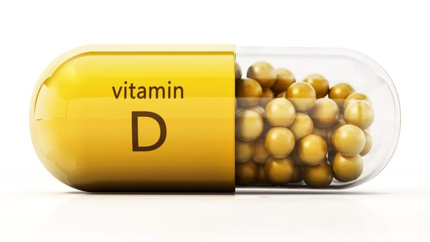 Vitamin D pill with yellow spheres with sun symbol. 3D illustration.