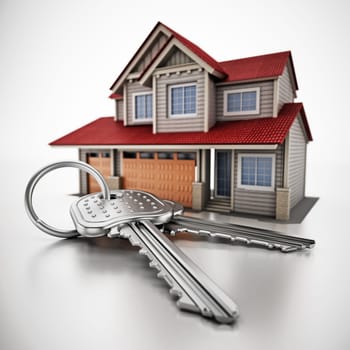 House keys and large luxury house isolated on white background. 3D illustration.