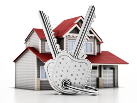 House keys and large luxury house isolated on white background. 3D illustration.