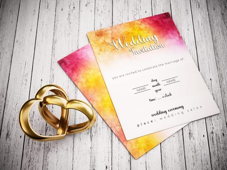 Two attached heart shaped rings standing on old wooden planks next to the wedding invitation. 3D illustration.