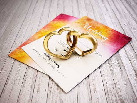 Two attached heart shaped rings standing on old wooden planks next to the wedding invitation. 3D illustration.