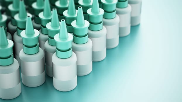 Generic nasal spray bottles ina row. 3D illustration.