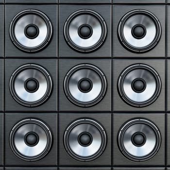 Group of black and silver loudspeaker. 3D illustration.