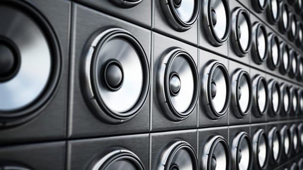 Group of black and silver loudspeaker. 3D illustration.
