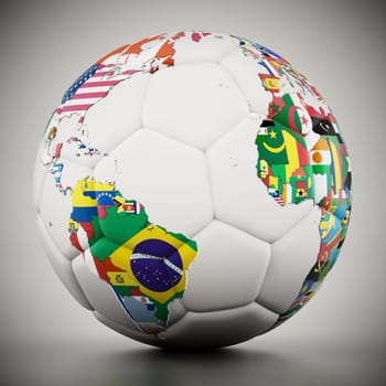 World map with country flags around the soccer ball. 3D illustration.
