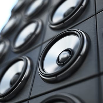 Group of black and silver loudspeaker. 3D illustration.