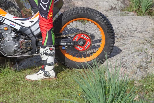 Merida, Spain - April 10th, 2022: Motorcycle trial Extremadura Championship. Prod on grass