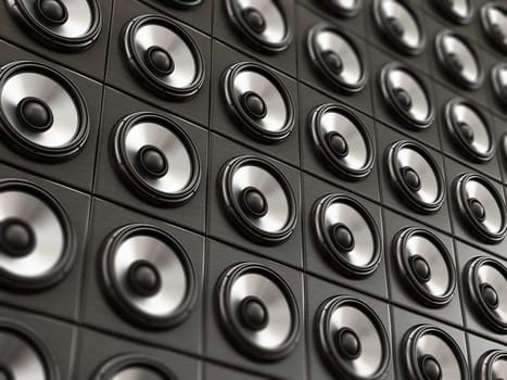 Group of black and silver loudspeaker. 3D illustration.