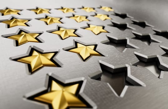 Rating stars table with 5,4,3,2,1 stars. 3D illustration.