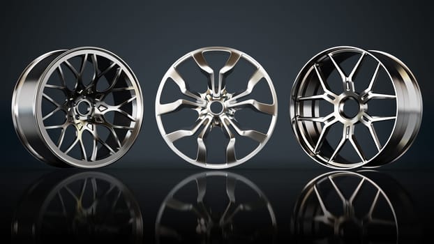 Steel rims on black background. 3D illustration.