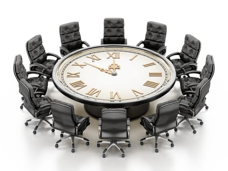 Round table with clock and chairs isolated on white background. 3D illustration.