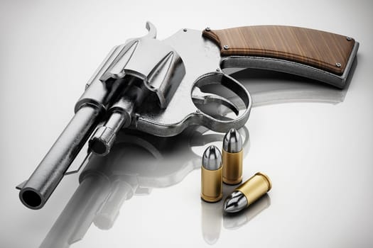 Generic revolver and bullets with soft reflection. 3D illustration.