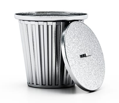 Steel trash can isolated on white background. 3D illustration.