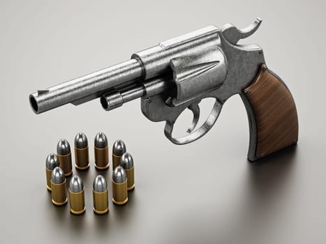 Generic revolver and bullets with soft reflection. 3D illustration.
