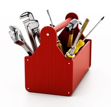 Red wooden toolbox with various hand tools isolated on white background. 3D illustration.