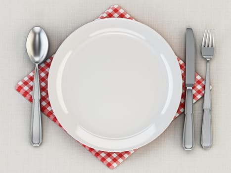 Serving plate, spoon, fork, knife and napkin standing on tablecloth. 3D illustration.