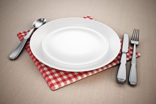 Serving plate, spoon, fork, knife and napkin standing on tablecloth. 3D illustration.