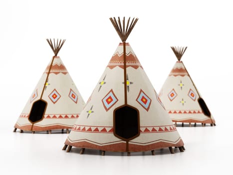 Indian tents isolated on white background. 3D illustration.
