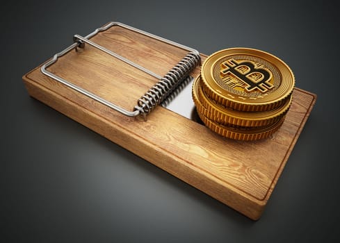 Fictitious crypto coin standing on mouse trap. 3D illustration.