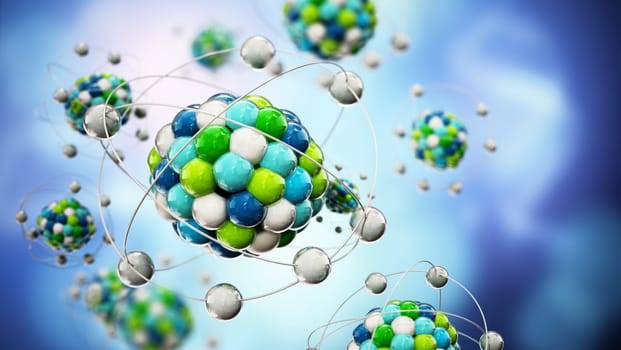 Abstract molecule model consisting of colored spheres. 3D illustration.