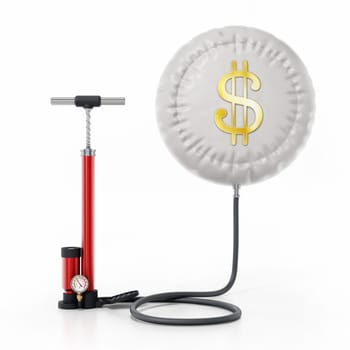 Manual hand pump inflates balloon with dollar symbol. 3D illustration.