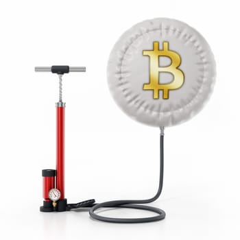 Manual hand pump inflates balloon with bitcoin symbol. 3D illustration.