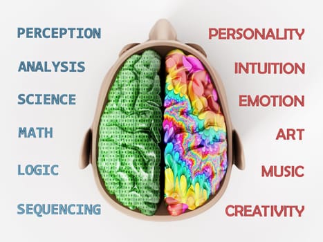 3D illustration representing two lobes of the human brain.