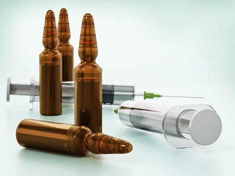 Medicine ampoules and syringes isolated on green background. 3D illustration.